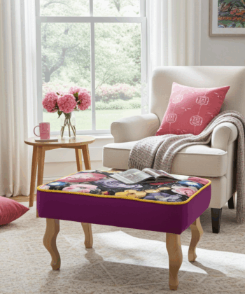 Floral Velvet Upholstered Footstool – 60x40cm, Purple Base & Custom Beech or Metal Legs