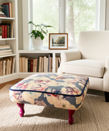 Footstool 50x50cm Burgundy Floral Velvet with Natural Beech Legs