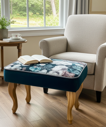 Footstool Dark Teal Floral Velvet with Natural Beech Legs