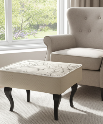 Footstool 60x40 cm – Neutral Velvet Pouffe with Curved Beech Legs