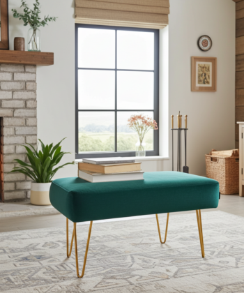 Emerald Green 60x40cm Velvet Footstool with Gold Hairpin Legs for Modern Living Rooms