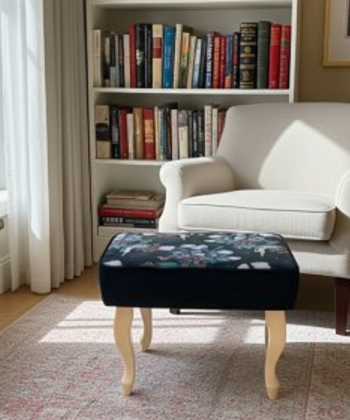 Enchanted Midnight Velvet Footstool 60x40 cm – Botanical Ballet Print with Natural Beech Legs