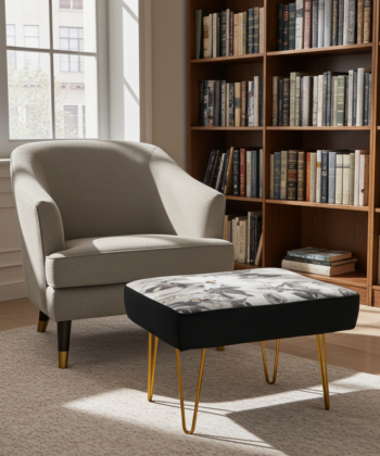 Monochrome Floral 60x40cm Velvet Footstool with Black Sides and Gold Hairpin Legs