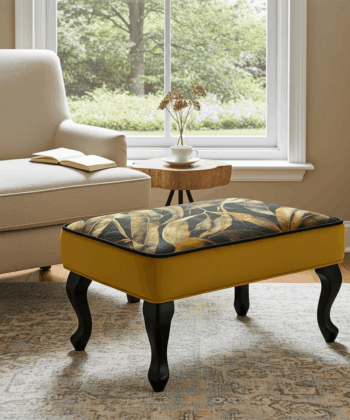 Mustard Velvet Footstool with Gold Leaf Design