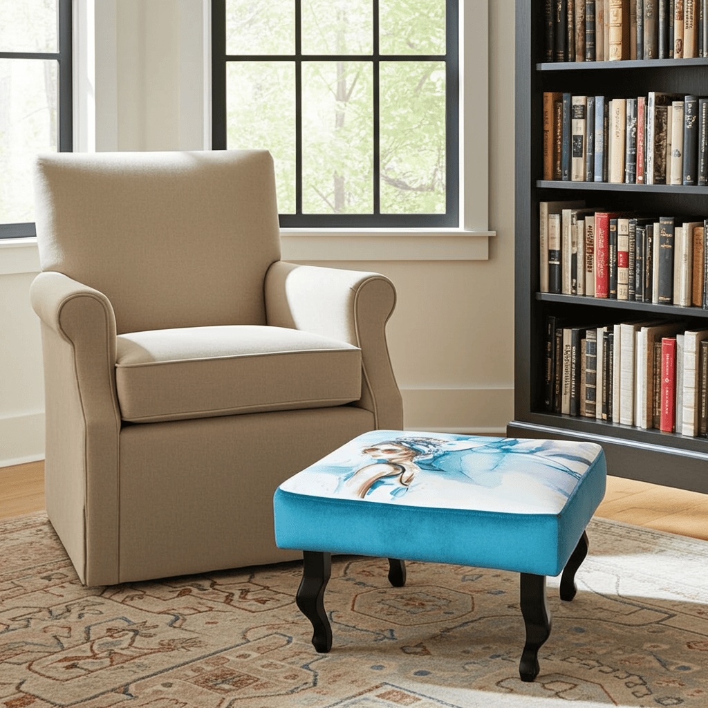 Artistic Velvet Pouffe - Modern Style with Unique Illustration