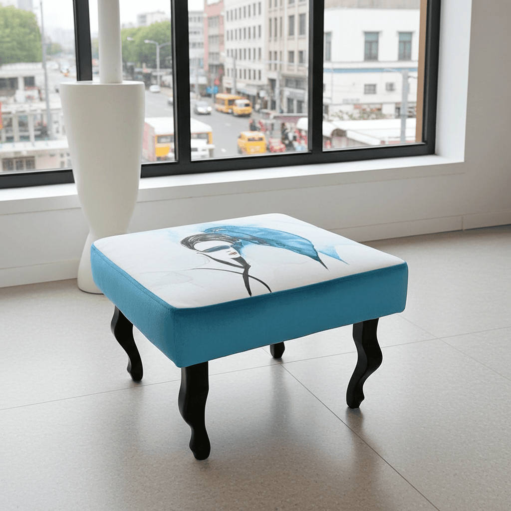 Artistic Velvet Pouffe - Modern Style with Unique Illustration