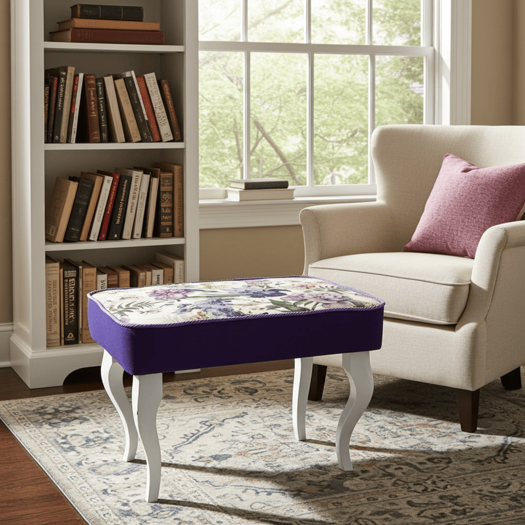 Elegant Floral Footstool with Violet Accents