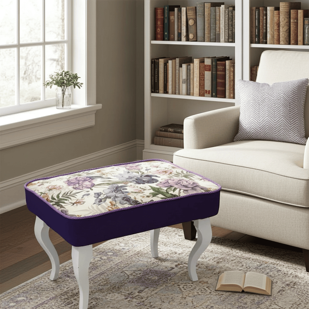 Elegant Floral Footstool with Violet Accents