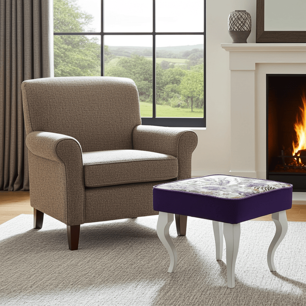 Elegant Floral Footstool with Violet Accents