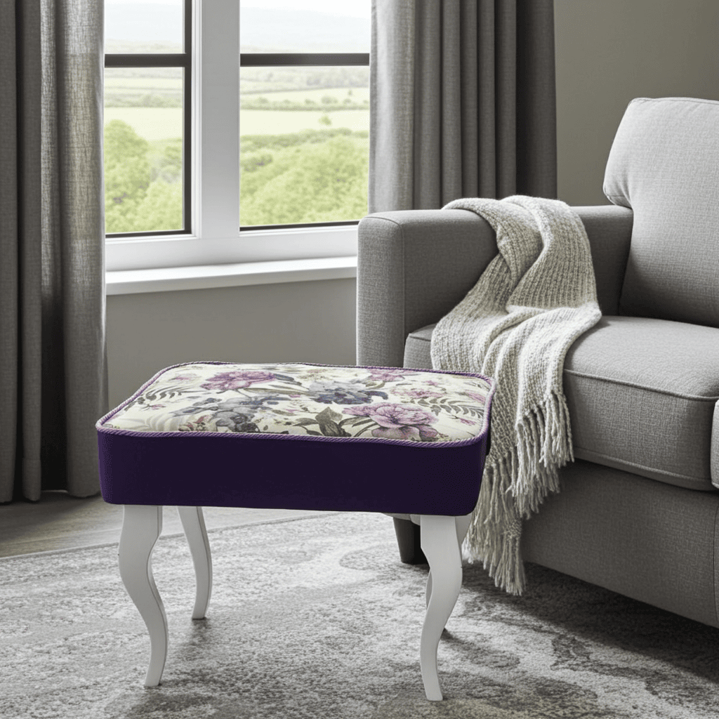Elegant Floral Footstool with Violet Accents