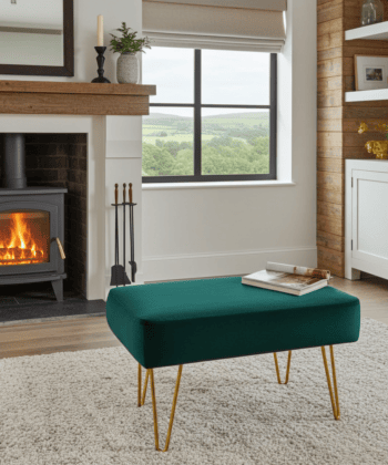 Emerald Green 60x40cm Velvet Footstool with Gold Hairpin Legs for Modern Living Rooms