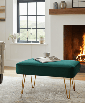 Emerald Green 60x40cm Velvet Footstool with Gold Hairpin Legs for Modern Living Rooms