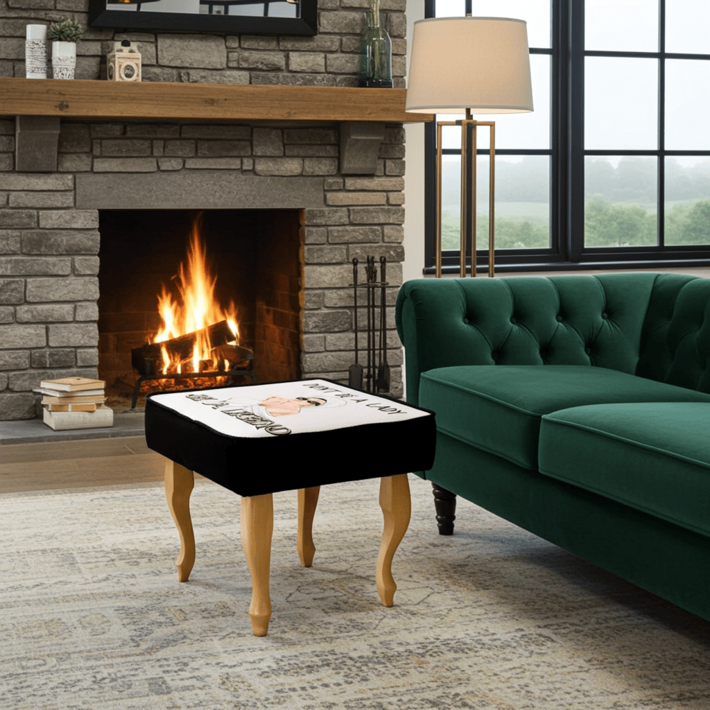 Empowering “Be a Legend” 60x40cm Footstool with Fashion Illustration and Curved Wooden Legs