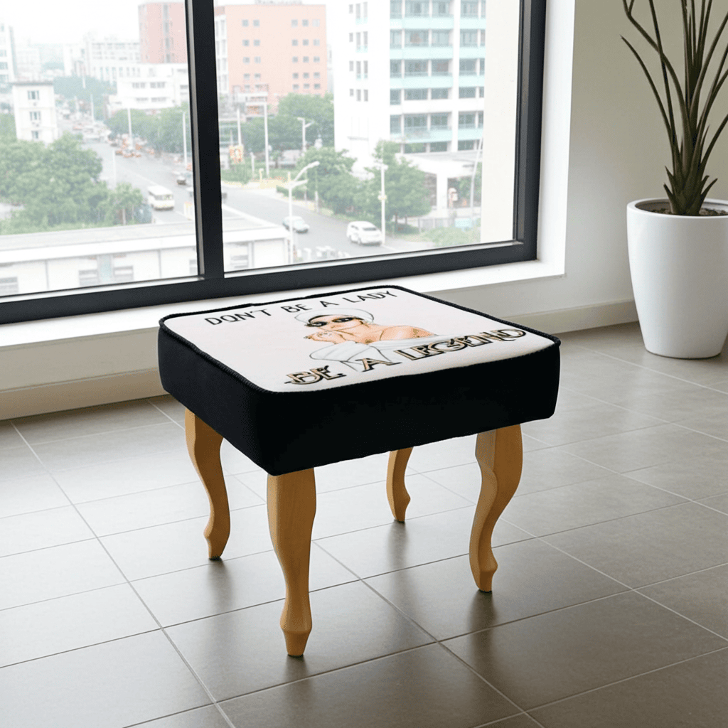 Empowering “Be a Legend” 60x40cm Footstool with Fashion Illustration and Curved Wooden Legs