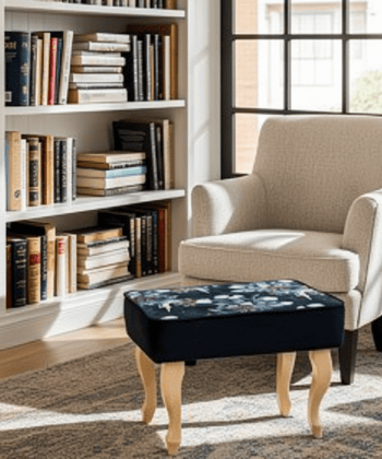 Enchanted Midnight Velvet Footstool 60x40 cm – Botanical Ballet Print with Natural Beech Legs