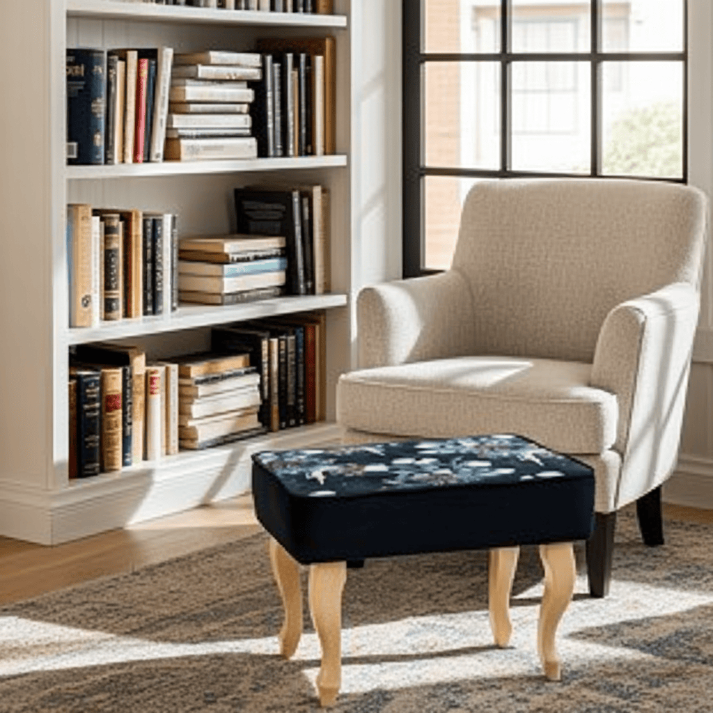 Enchanted Midnight Velvet Footstool 60x40 cm – Botanical Ballet Print with Natural Beech Legs