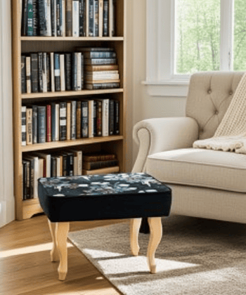 Enchanted Midnight Velvet Footstool 60x40 cm – Botanical Ballet Print with Natural Beech Legs