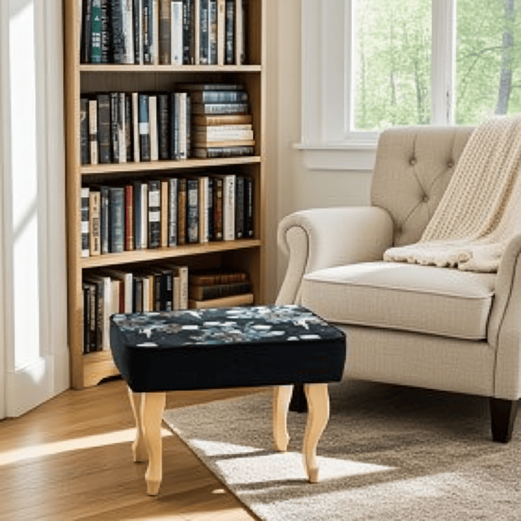 Enchanted Midnight Velvet Footstool 60x40 cm – Botanical Ballet Print with Natural Beech Legs