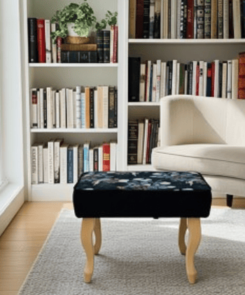 Enchanted Midnight Velvet Footstool 60x40 cm – Botanical Ballet Print with Natural Beech Legs