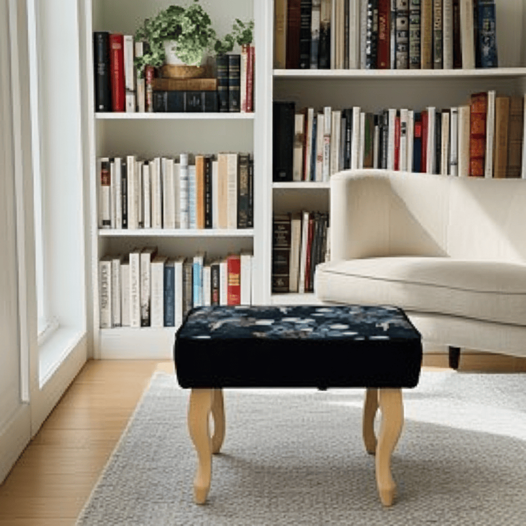 Enchanted Midnight Velvet Footstool 60x40 cm – Botanical Ballet Print with Natural Beech Legs