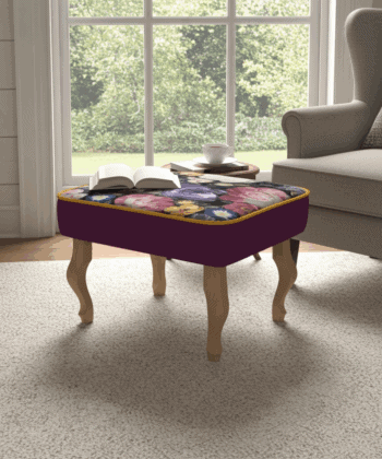 Floral Velvet Upholstered Footstool – 60x40cm, Purple Base & Custom Beech or Metal Legs