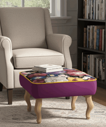 Floral Velvet Upholstered Footstool – 60x40cm, Purple Base & Custom Beech or Metal Legs