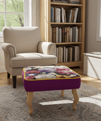 Floral Velvet Upholstered Footstool – 60x40cm, Purple Base & Custom Beech or Metal Legs