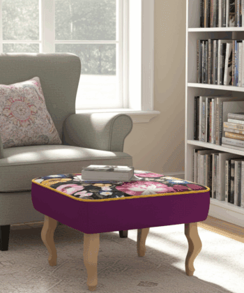 Floral Velvet Upholstered Footstool – 60x40cm, Purple Base & Custom Beech or Metal Legs