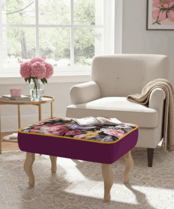 Floral Velvet Upholstered Footstool – 60x40cm, Purple Base & Custom Beech or Metal Legs