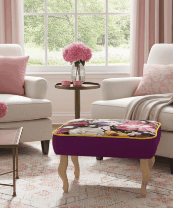 Floral Velvet Upholstered Footstool – 60x40cm, Purple Base & Custom Beech or Metal Legs