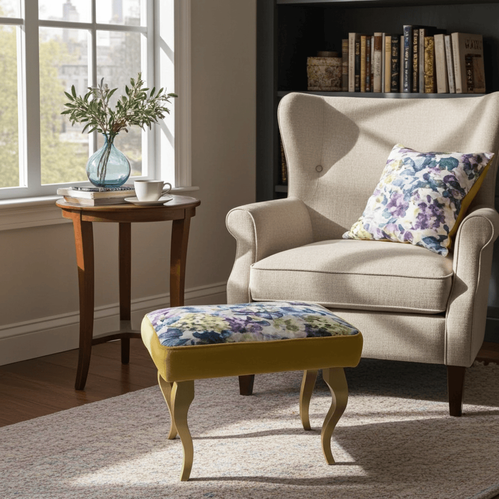 Floral Watercolour Velvet Footstool – Fresh, Artistic Accent