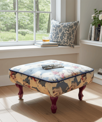 Footstool 50x50cm Burgundy Floral Velvet with Natural Beech Legs