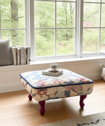 Footstool 50x50cm Burgundy Floral Velvet with Natural Beech Legs