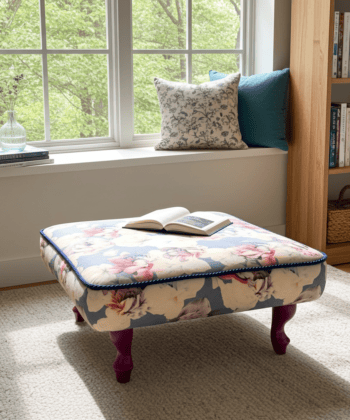Footstool 50x50cm Burgundy Floral Velvet with Natural Beech Legs