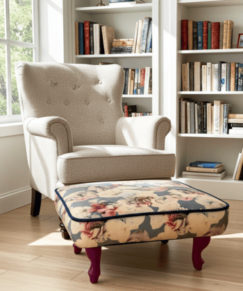 Footstool 50x50cm Burgundy Floral Velvet with Natural Beech Legs