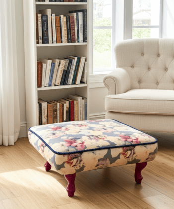 Footstool 50x50cm Burgundy Floral Velvet with Natural Beech Legs