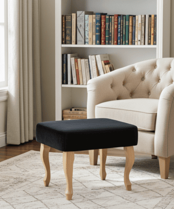 Footstool 60x40 cm – Black Velvet Pouffe with Beech Wood Legs