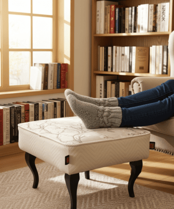 Footstool 60x40 cm – Neutral Velvet Pouffe with Curved Beech Legs