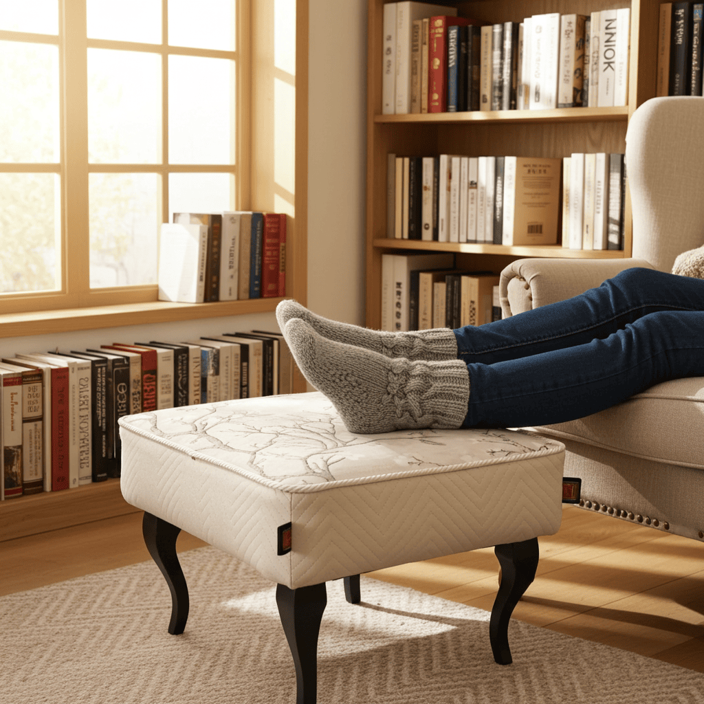 Footstool 60x40 cm – Neutral Velvet Pouffe with Curved Beech Legs