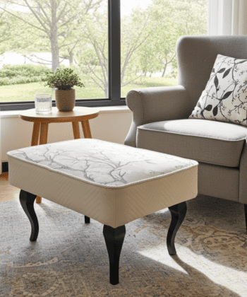 Footstool 60x40 cm – Neutral Velvet Pouffe with Curved Beech Legs
