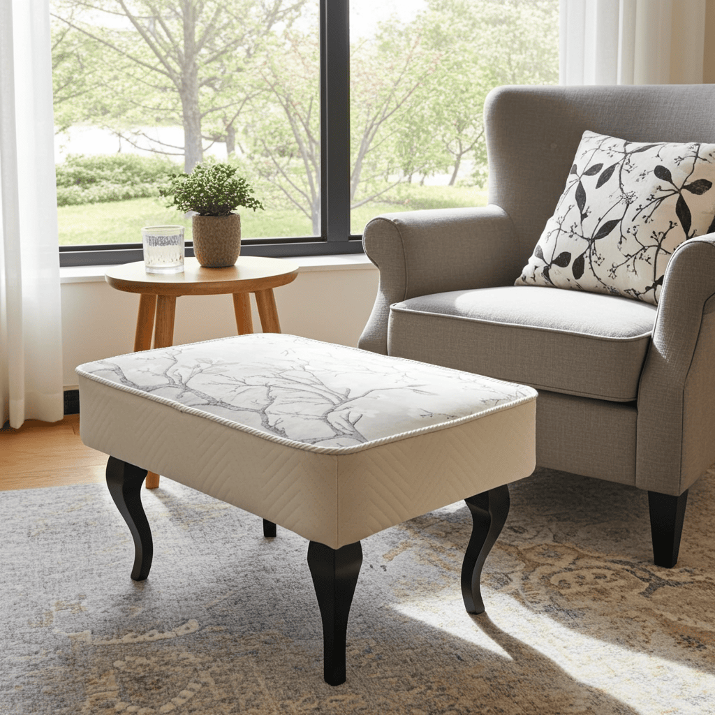 Footstool 60x40 cm – Neutral Velvet Pouffe with Curved Beech Legs