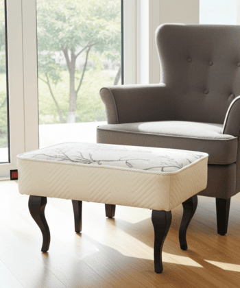 Footstool 60x40 cm – Neutral Velvet Pouffe with Curved Beech Legs