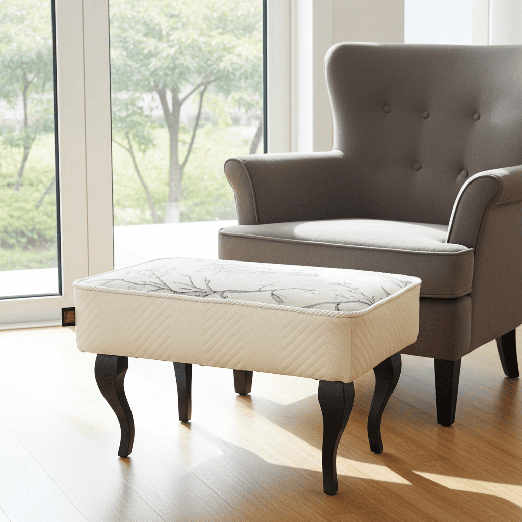 Footstool 60x40 cm – Neutral Velvet Pouffe with Curved Beech Legs