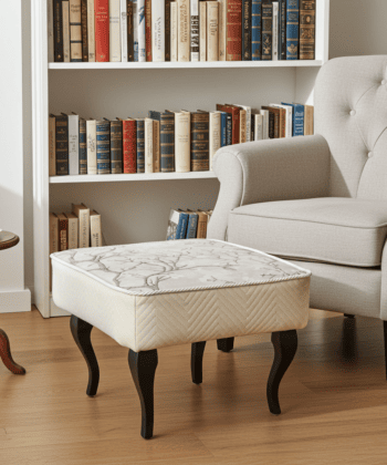 Footstool 60x40 cm – Neutral Velvet Pouffe with Curved Beech Legs