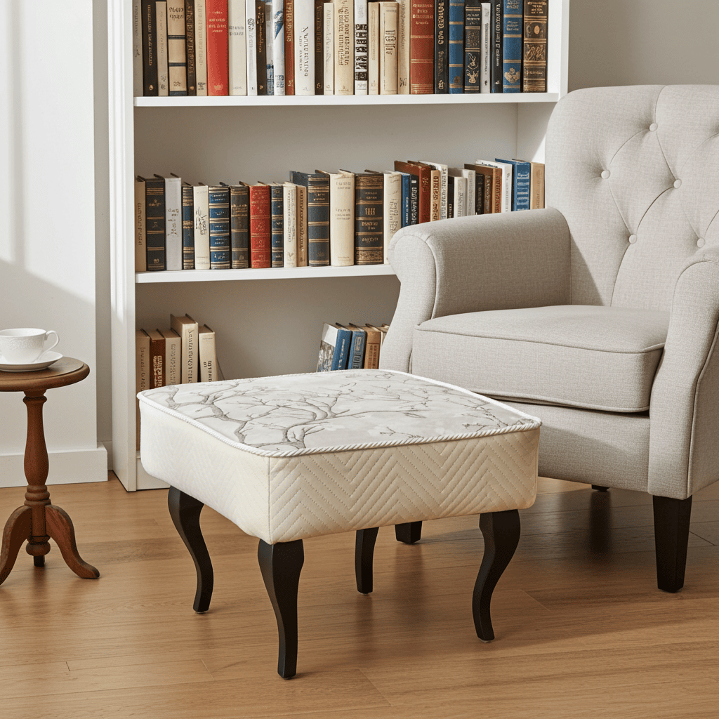 Footstool 60x40 cm – Neutral Velvet Pouffe with Curved Beech Legs