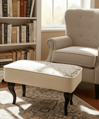Footstool 60x40 cm – Neutral Velvet Pouffe with Curved Beech Legs