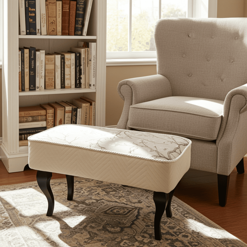 Footstool 60x40 cm – Neutral Velvet Pouffe with Curved Beech Legs