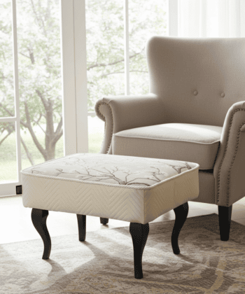 Footstool 60x40 cm – Neutral Velvet Pouffe with Curved Beech Legs