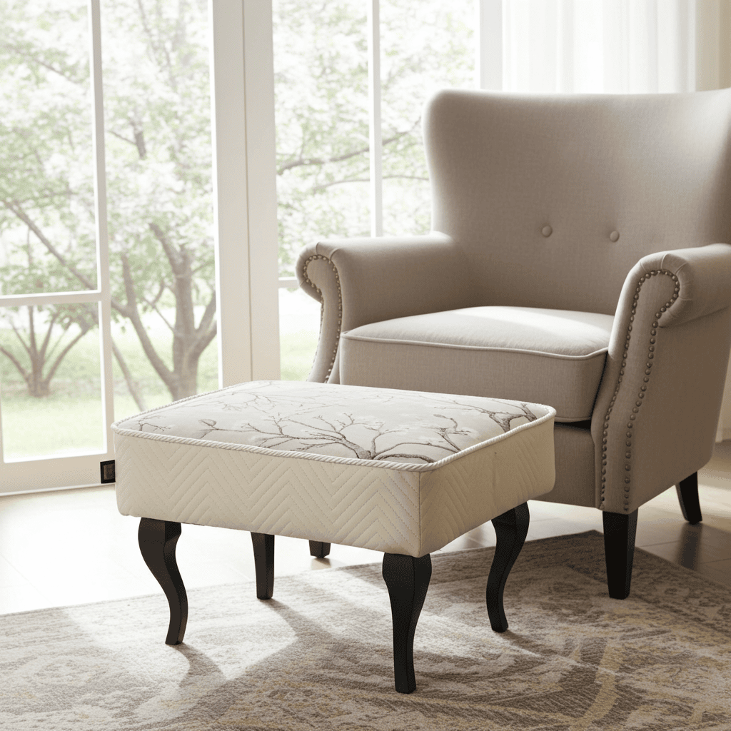 Footstool 60x40 cm – Neutral Velvet Pouffe with Curved Beech Legs