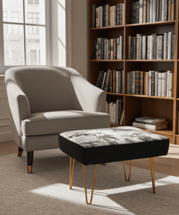 Monochrome Floral 60x40cm Velvet Footstool with Black Sides and Gold Hairpin Legs